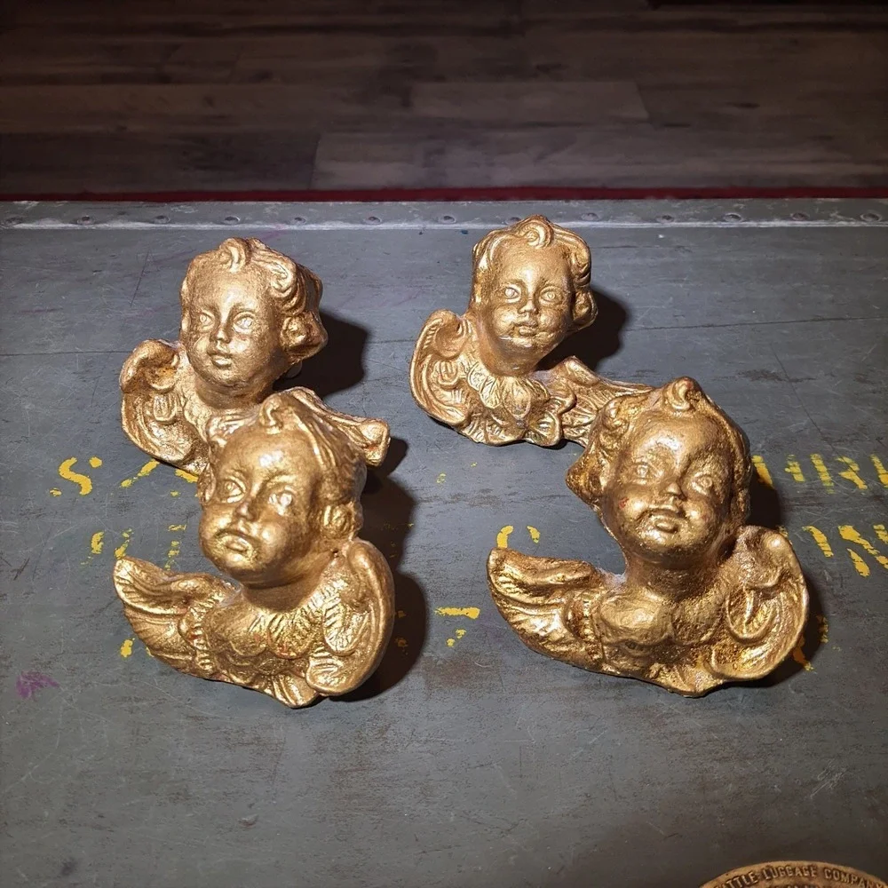 Vintage Handcarved Italian Putti Cherub Faces Set Of 4 Gold Color Knobs Tie Back